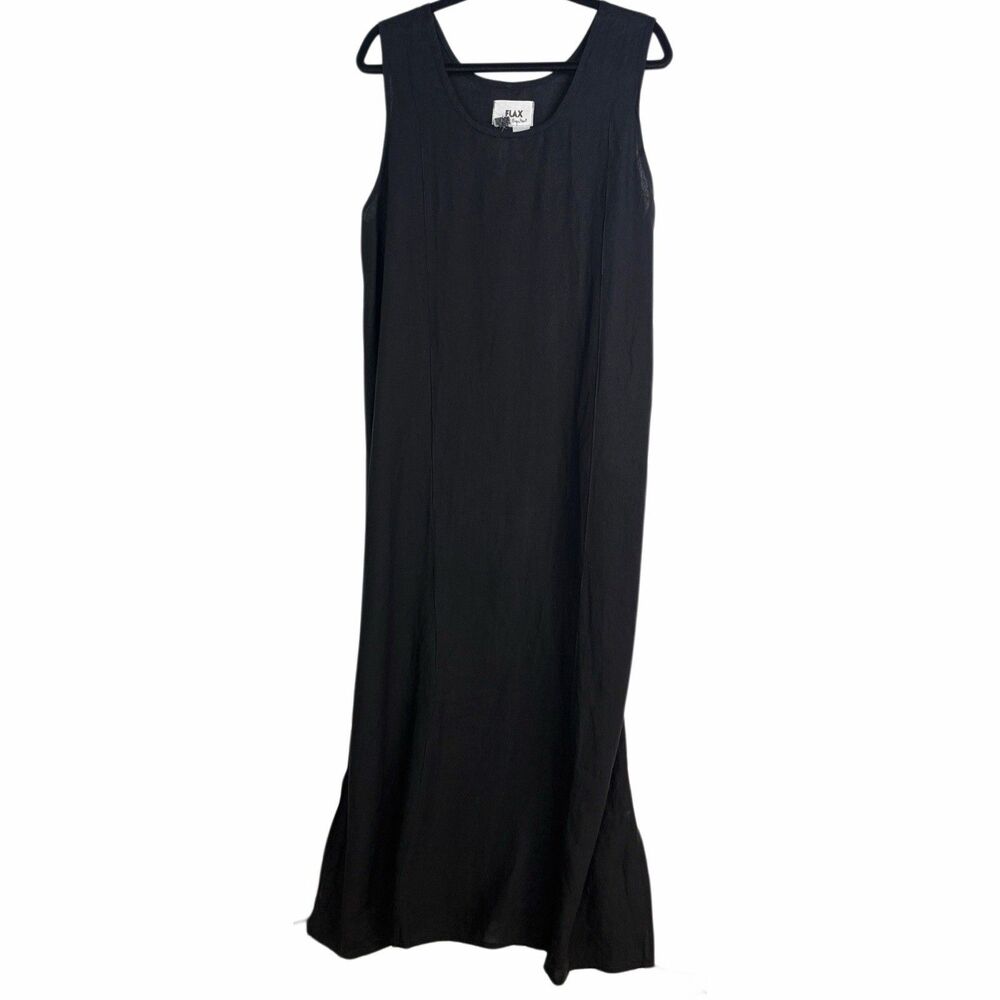 FLAX by Jeanne Engelhart Maxi Dress Size L Black 100% Linen Quiet Luxury 90s